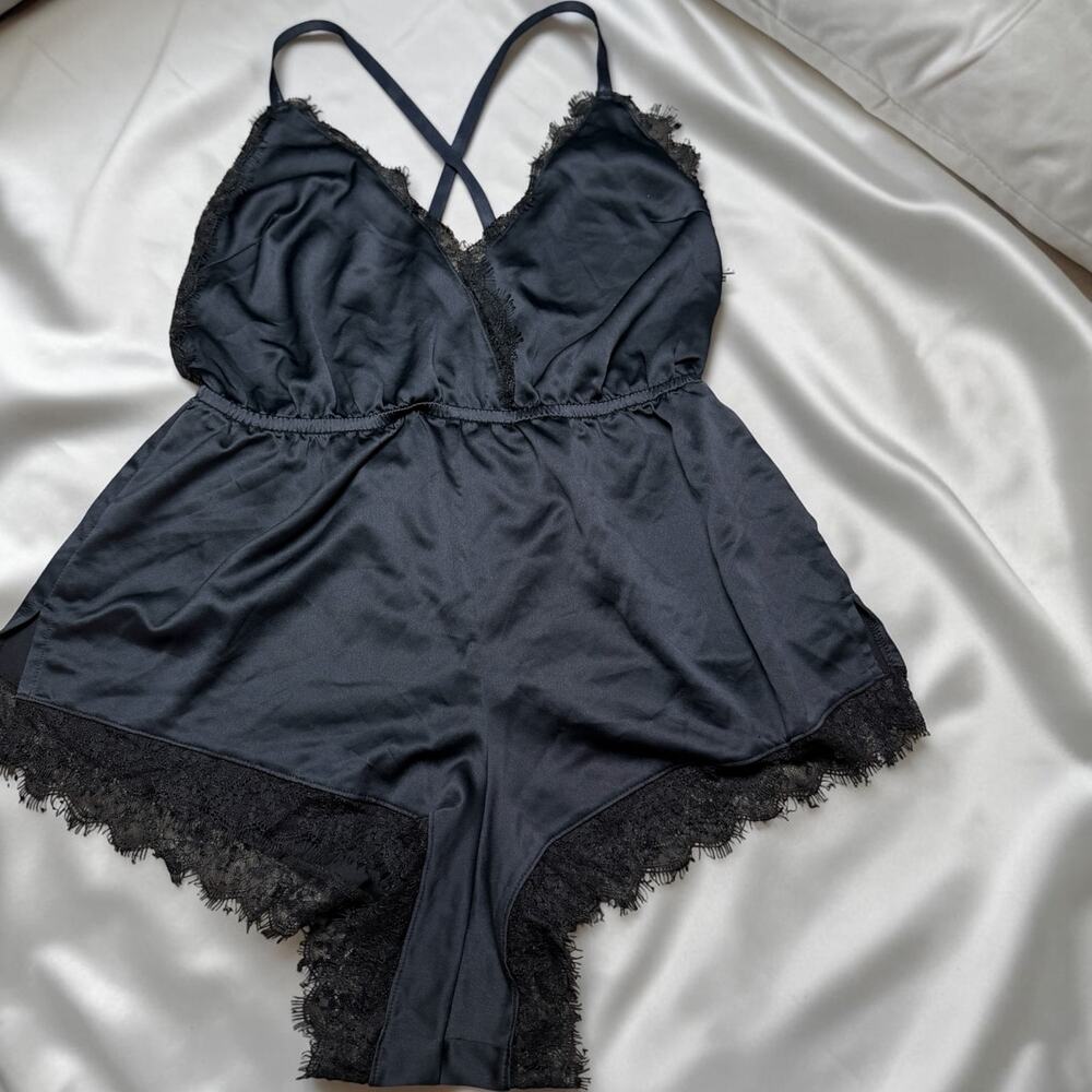Black Satin Lace Trim Teddy Romper Lingerie One Piece Backless Sleepwear M
